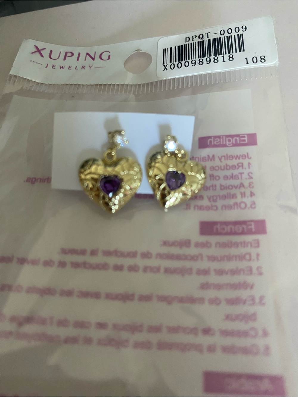Ping Gold Heart Earrings with Purple Center Stones